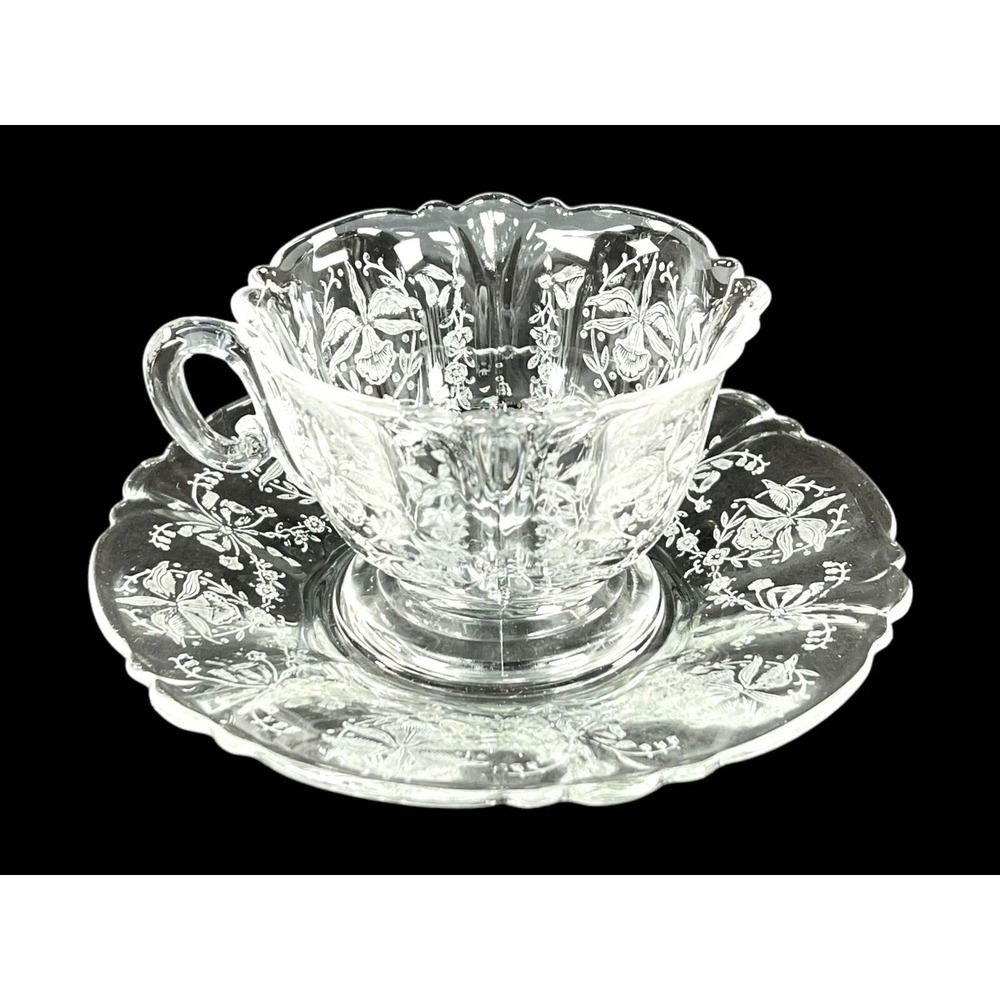 VINTAGE HEISEY GLASS etched ORCHID Cup and Saucer Set MINT